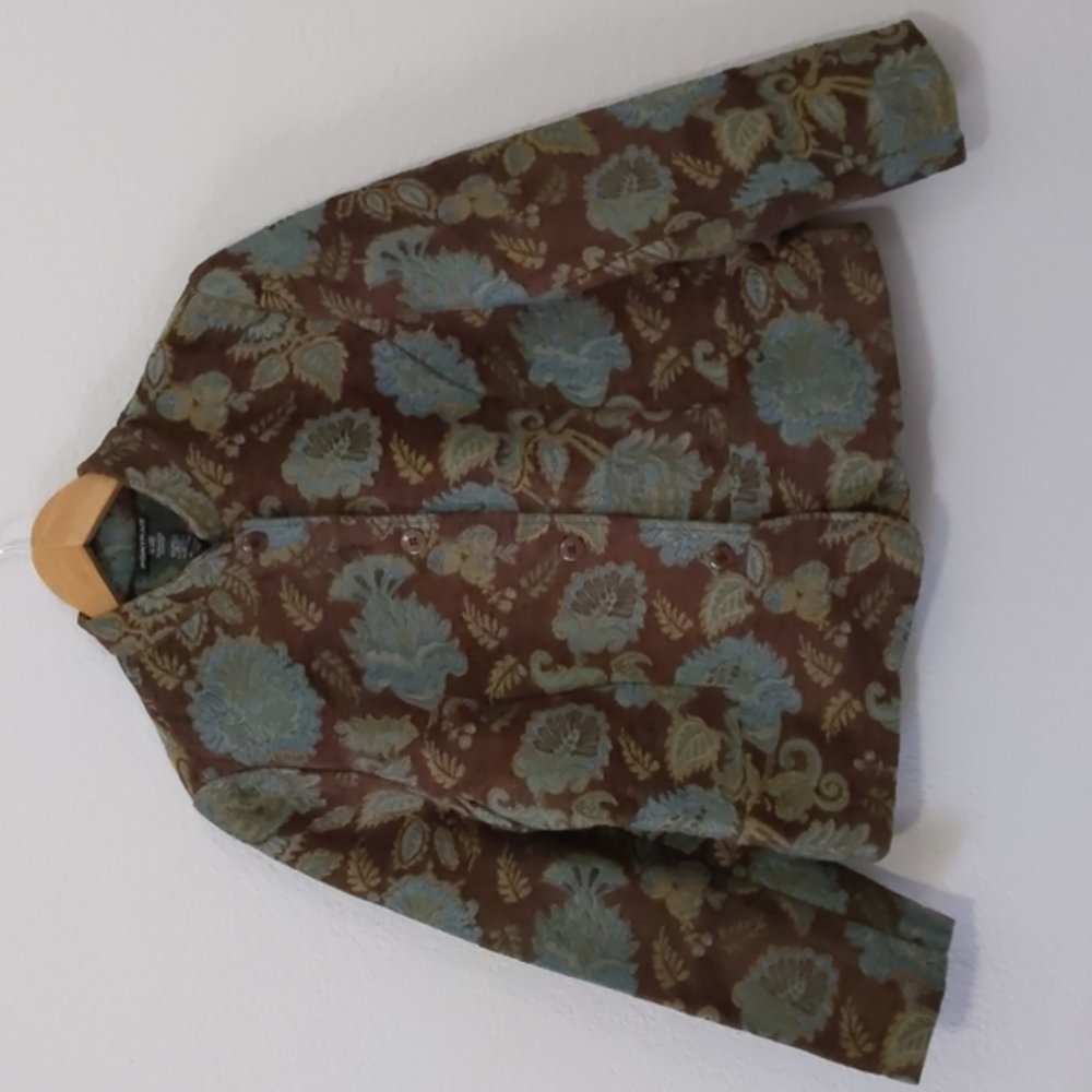 Vintage Portrait Collarless Floral Blazer / Jacket, Brown / Teal, Large